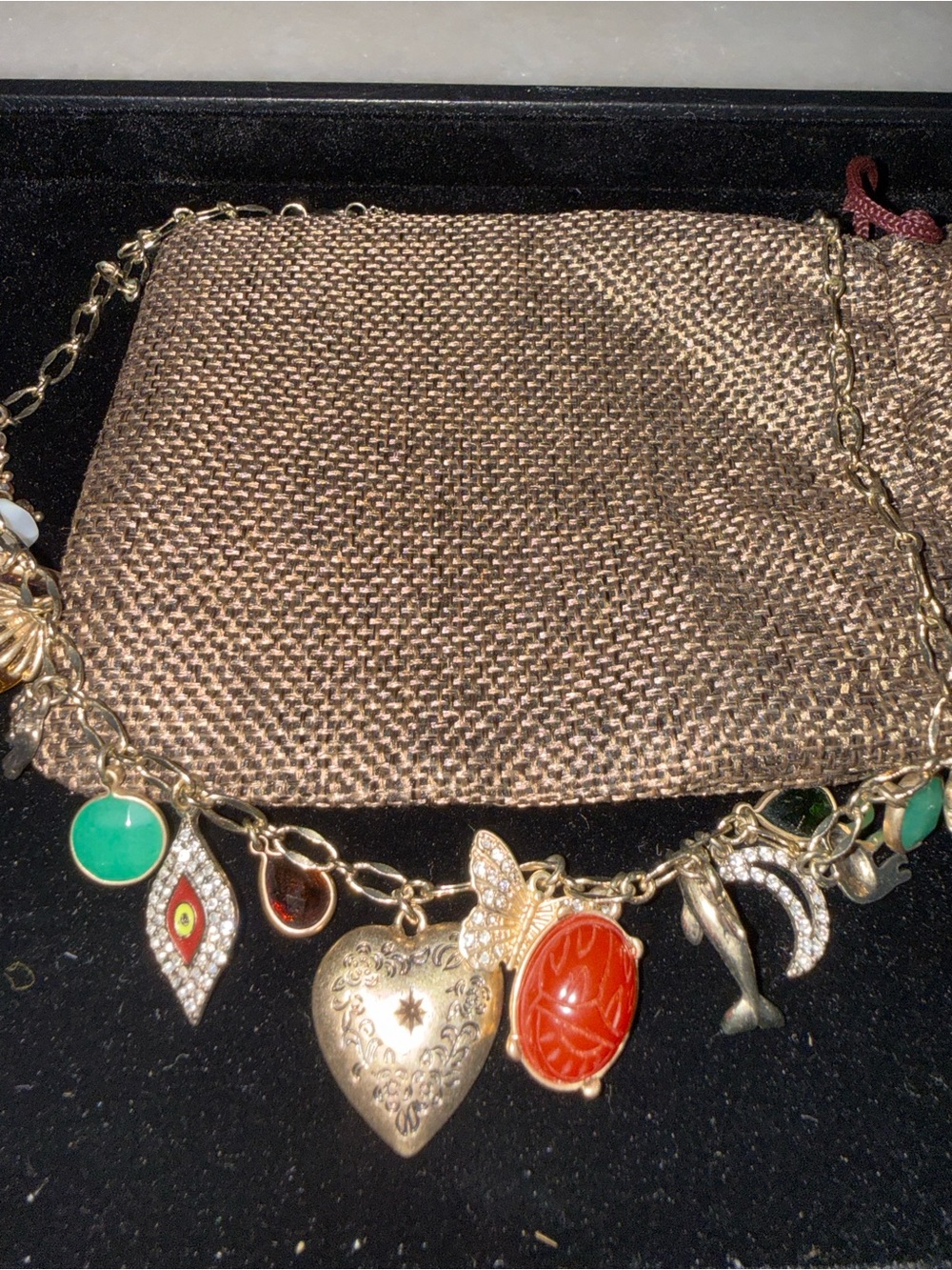Anthropologie Gold Tone Charm Necklace with Jewelry Pouch